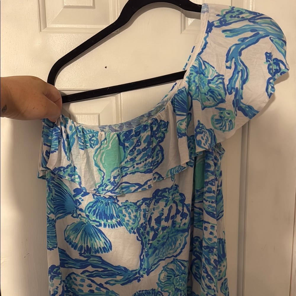 Lilly Pulitzer Off the Shoulder Top Resort White with Barefoot Print